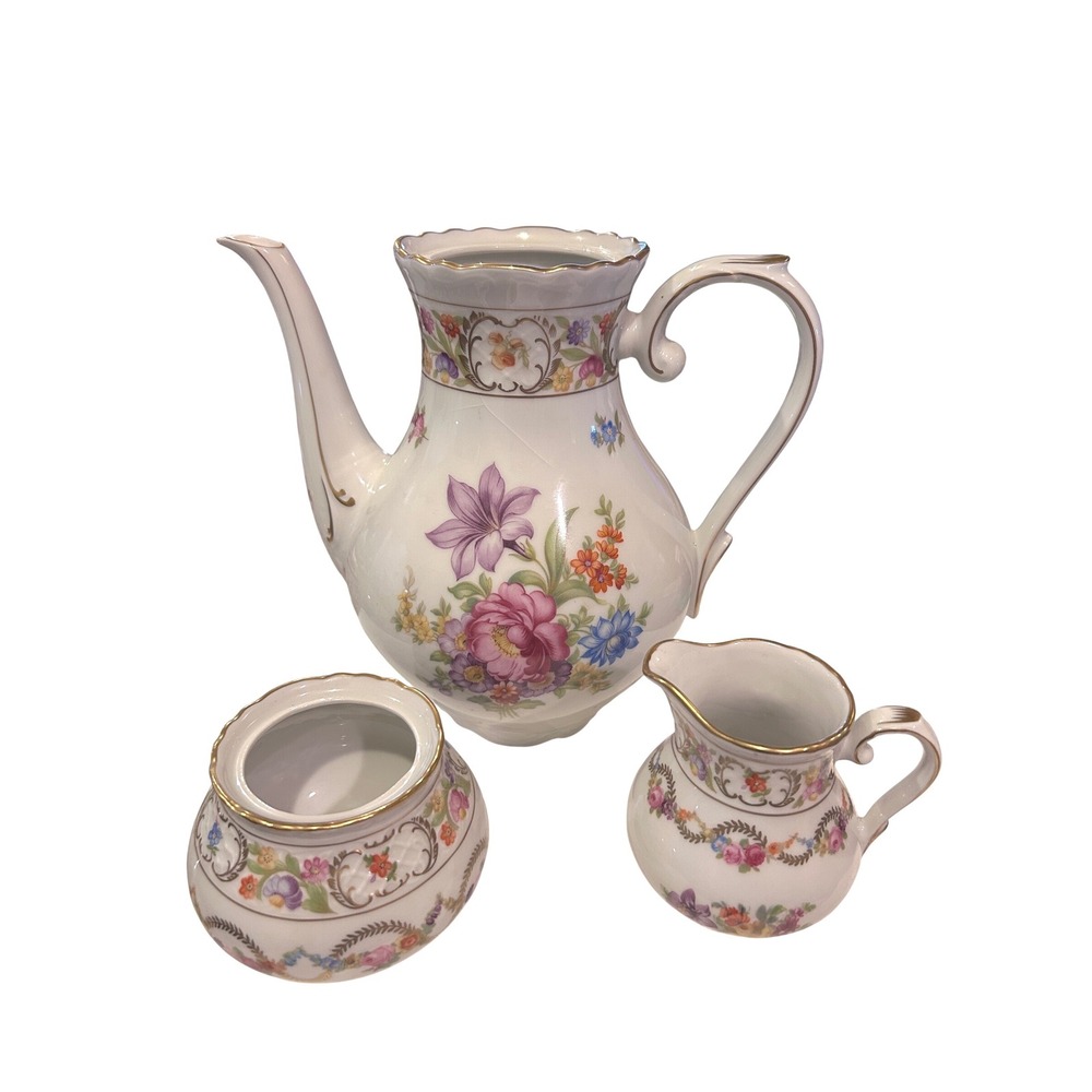 Vintage Floral Porcelain Pot Creamer Sugar‎ Set Schumann Bavaria Empress